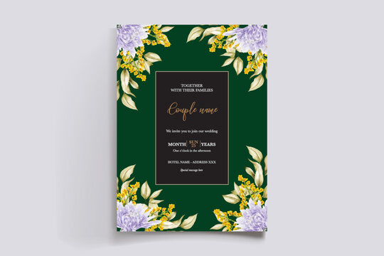 WEDDING INVITATION FRAME WITH FLOWER DECORATIONS AND FRESH LEAVES