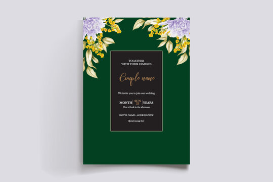 WEDDING INVITATION FRAME WITH FLOWER DECORATIONS AND FRESH LEAVES