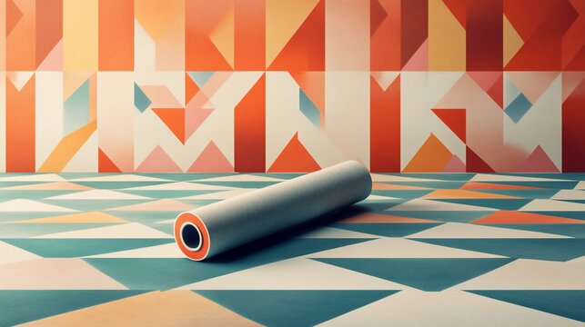 Abstract room with rolled paper, geometric pattern, bright color scheme
