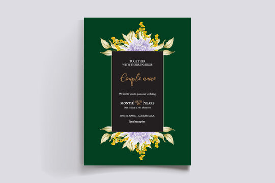 WEDDING INVITATION FRAME WITH FLOWER DECORATIONS AND FRESH LEAVES