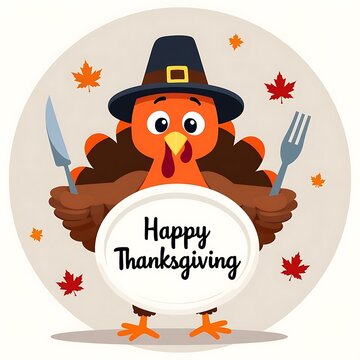 Cute Cartoon Turkey Ready to Celebrate Happy Thanksgiving