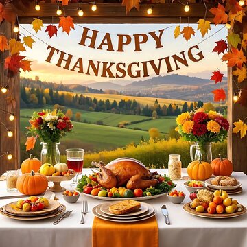 Thanksgiving feast with scenic view, perfect for autumn celebrations