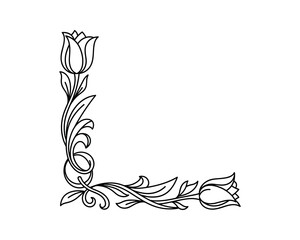 Poster - Floral Corner Ornament with Tulips in Black and White, Elegant Decorative Design, Vector Illustration