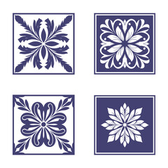 Poster - Floral Pattern Tile Set in Navy and White, Decorative Elements, Square Shapes, Geometric Vector Illustration