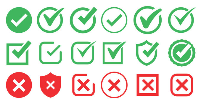 tick cross brush signs green checkmark ok red x icons isolated white backgrounded