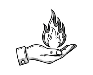 Poster - Hand Holding Fire Flame, Sketch Style, Dark Black Outline, White Background, Modern Vector Illustration.