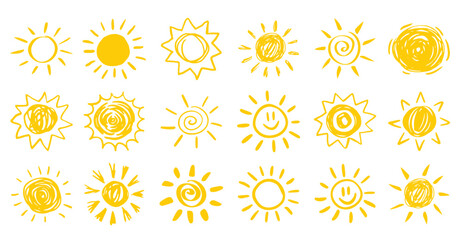 set yellow suns flat design isolated white background funny icons sun doodle modern simple
