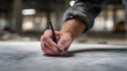 Poster - Hands drawing a construction blueprint on a surface
