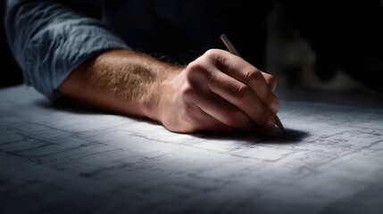 Poster - Close up of hand drawing a detailed construction floorplan
