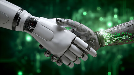Poster - Two robot hands shaking in a green technological environment