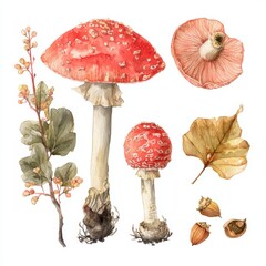Poster - A watercolor illustration of a collection of vibrant mushrooms and autumn elements