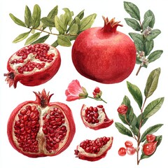 Poster - A vibrant collection of pomegranate with leaves and flower. Showcasing the beauty of this juicy fruit and botanical elements