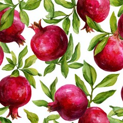 Poster - A seamless pattern of pomegranates with green leaves