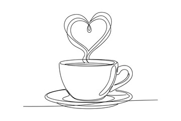 Poster - Single Line Art Coffee Cup with Heart Shaped Steam, Modern Style, Isolated on White, Vector Illustration