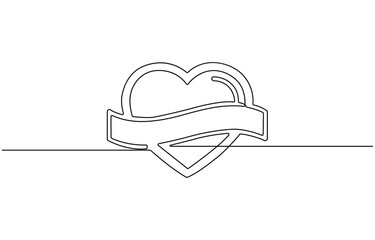 Fototapete - Continuous one line drawing of heart. Isolated on white background, Love design. Hand draw hearth sketch. Single  Wedding black print isolated on white background.