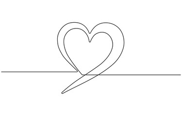 Fototapete - Continuous one line drawing of heart. Isolated on white background, Love design. Hand draw hearth sketch. Single  Wedding black print isolated on white background.