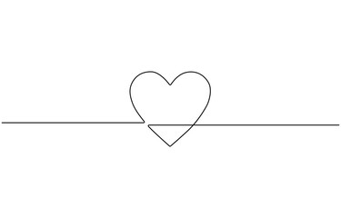 Fototapete - Continuous one line drawing of heart. Isolated on white background, Love design. Hand draw hearth sketch. Single  Wedding black print isolated on white background.