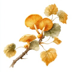 Poster - Delicate watercolor painting of vibrant mushrooms growing on a branch. The illustration showcases intricate details of nature's beauty