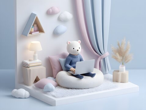 A charming 3D illustration shows a cute bear child happily learning online using a laptop in a cozy, pastel-colored room with soft lighting and fluffy decor.
