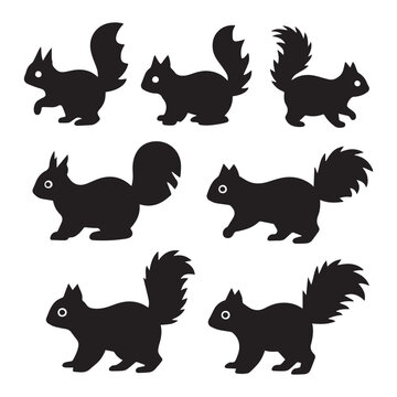 A set of 12 black silhouette illustrations of squirrels arranged in two rows against a white background. 