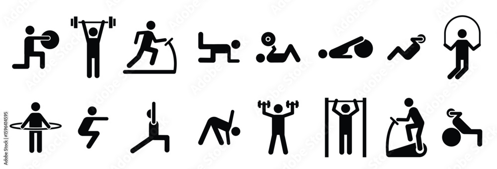 sport people icons gym lifting warmup stretch symbols fitness poses ...