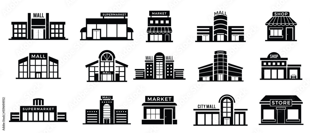 Supermarket facade. Retail shop exterior commercial mall buildings ...