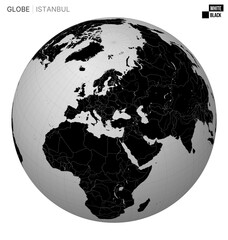 Poster - Vector Globe centered to Istanbul. White Black palette. World map with meridians, parallels, countries, rivers and lakes. Appealing vector illustration.