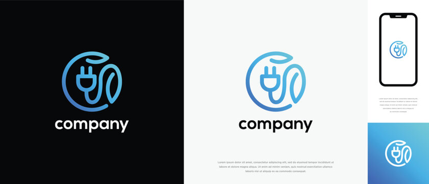 Natural leaf electrical plug logo design. Natural leaf logo icon with electrical plug