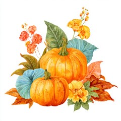 Poster - A beautiful arrangement of pumpkins, flowers, and leaves, capturing the essence of autumn's bounty. Two vibrant pumpkins are the focal point of the composition, surrounded by colorful flora