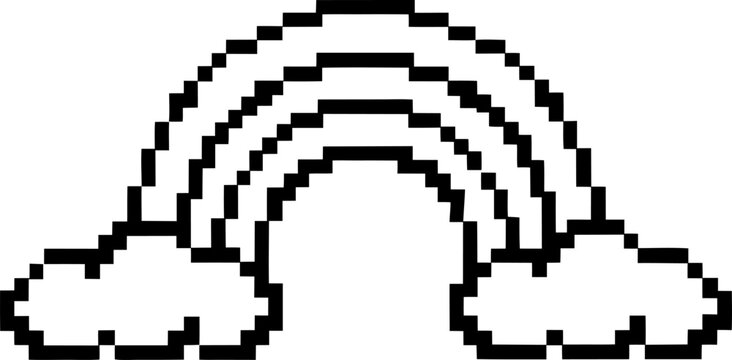 Pixel art rainbow with clouds, retro digital illustration minimalist monochrome outline, simple internet icon