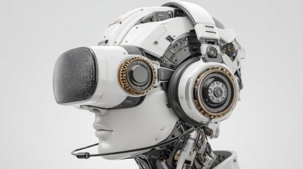 Poster - A futuristic humanoid robot wearing advanced virtual reality headset and headphones, showcasing high-tech design and cybernetic components in white and metallic colors, futuristic AI headset
