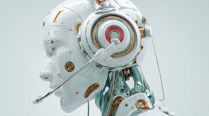 Poster - A futuristic humanoid robot with a sleek white and metallic design wearing a headset, showcasing advanced AI and robotics technology, futuristic AI headset