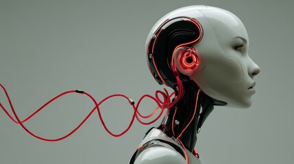 Poster - A futuristic humanoid robot with exposed circuitry and glowing red connections is shown in profile against a minimalist grey background, futuristic AI headset