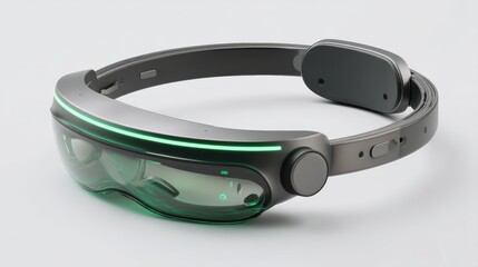 Poster - Sleek augmented reality headset with a translucent green visor and adjustable strap, designed for immersive digital experiences, futuristic AI headset