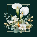 Elegant calla lilies arranged within a gold frame, showcasing delicate floral details against a dark green backdrop