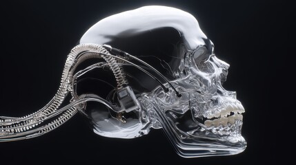 Poster - A futuristic transparent skull model reveals internal mechanical components, blending human anatomy with cybernetic technology against a black background, futuristic AI headset