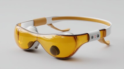 Poster - Sleek high-tech yellow-tinted smart glasses with built-in sensors and a modern design, resting on a white surface, futuristic AI headset