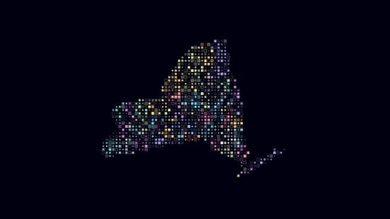 Poster - New York dotted animation. Shape of the state build of pulsating colored dots. Small size square blocks. Digital style map on dark background. Awesome video.