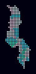 Poster - Malawi dotted map. Digital style map of the country on dark background. Malawi shape with circle dots. Colored dots style. Large size circles. Modern vector illustration.