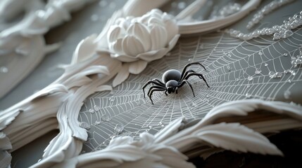 Ornate spiderweb, baroque detailing, decorative object, spider on web