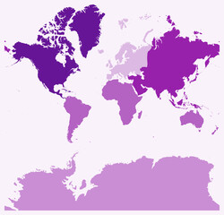 Poster - Map of World with continents. Just a simple border map with continent division. Purple color palette. Flat World shape with administrative division. Vector illustration.