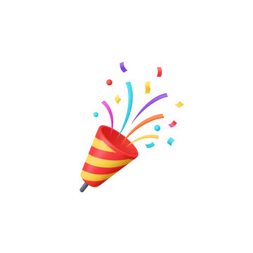 3D vector icon of a party popper. Cartoon emoji showing a birthday confetti burst. A straightforward minimal illustration set against a white background.