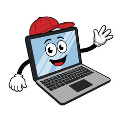 Leinwandbilder - Smiling laptop character wearing red cap waving cartoon