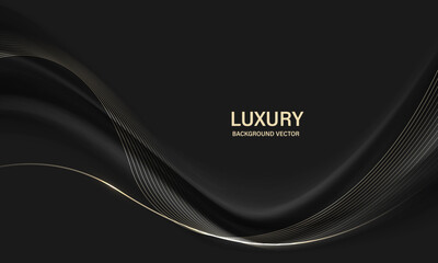Poster - Abstract gold ribbon wave curve on black luxury background vector