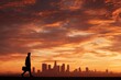 © R - Sunset over the city: a traveler's silhouette on the horizon. Stranger awareness. Travel safety in action: remaining vigilant in crowded urban environments. Vigilant travel. Safety abroad.