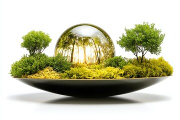 Aufkleber - Beautiful miniature landscape with small trees lush greenery moss and a reflective glass sphere creating a natural serene scene on a black tray