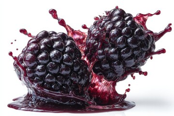 Aufkleber - Close-up of ripe blackberries splashing into juice on a white background with detailed texture and vibrant deep purple color