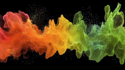 Poster - Colorful Abstract Powder Explosion in Green Yellow Orange Red Spectrum on Black Background