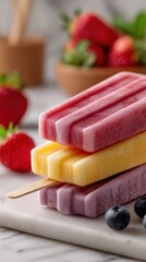 Aufkleber - Colorful Fruit-Flavored Frozen Yogurt Bars with Creamy Texture and Fresh Berries on White Surface for Refreshing Summer Snacks
