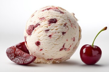Aufkleber - Delicious creamy cherry ice cream scoop with fresh cherries and cherry slices on clean white background for dessert and summer treat